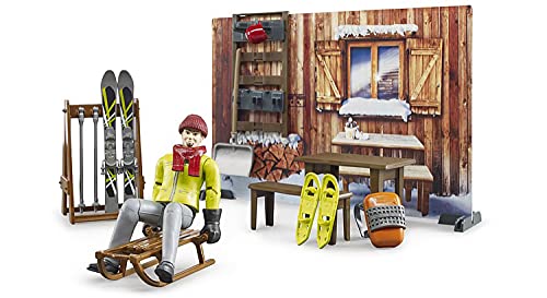 Bruder 63102 BWorld Set - Mountain Hut with Snowmobile and Figure for Kids Ages 3-8 Suitable for Winter Play Activities