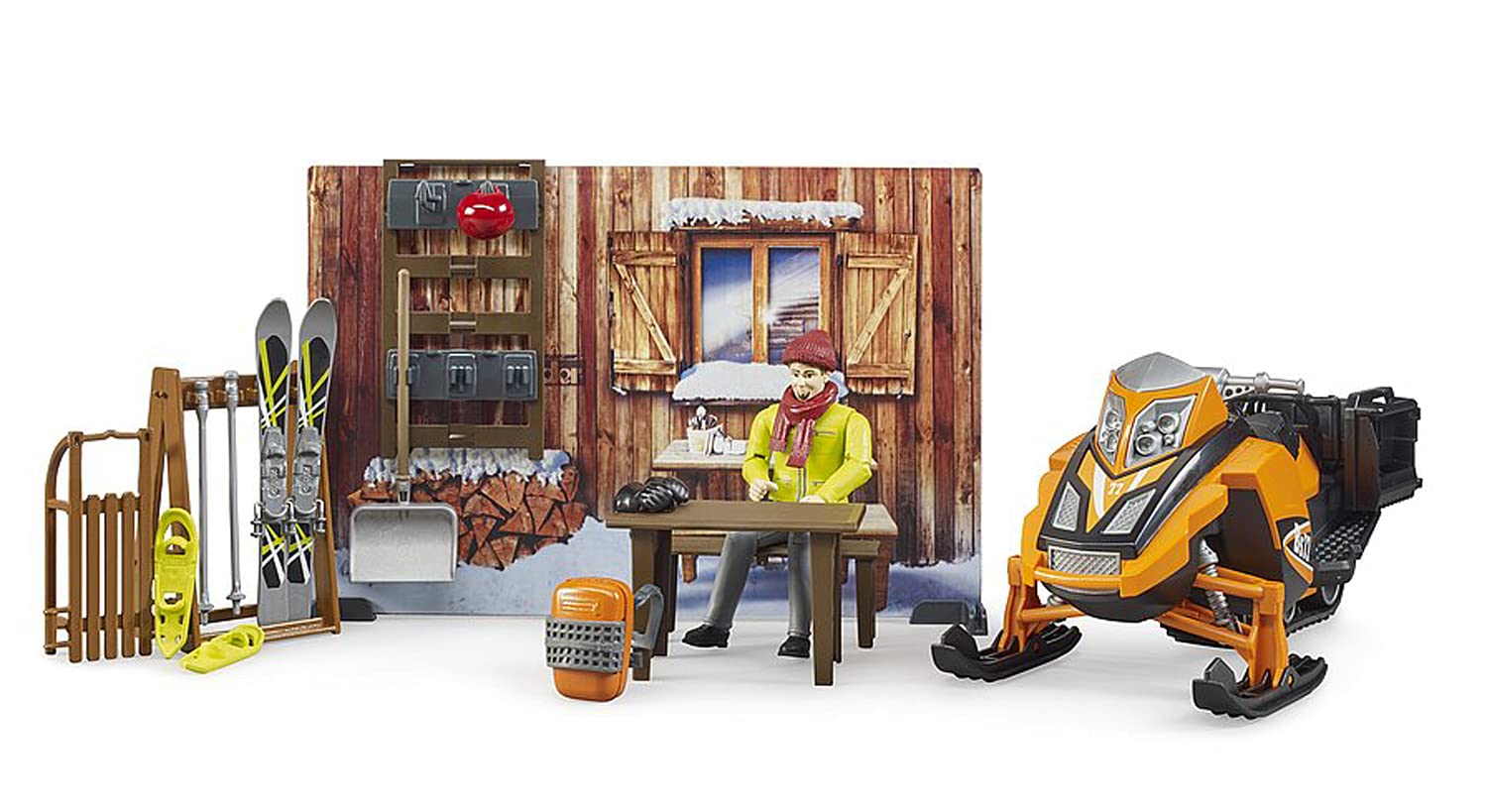 Bruder 63102 BWorld Set - Mountain Hut with Snowmobile and Figure for Kids Ages 3-8 Suitable for Winter Play Activities